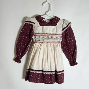Polly Flinders Hand Smocked Vintage Long‎ Sleeve Dress Prairie Waist Tie Size 3T